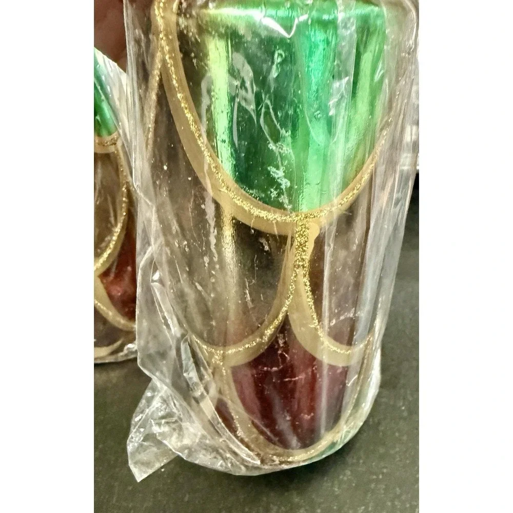 Vtg Candele Firenze Pillar Candles NOS Red Green Gold Set of 2 Made In Poland